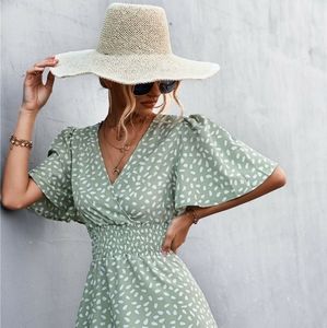 Printed Smocked Waist Layered Surplice Dress